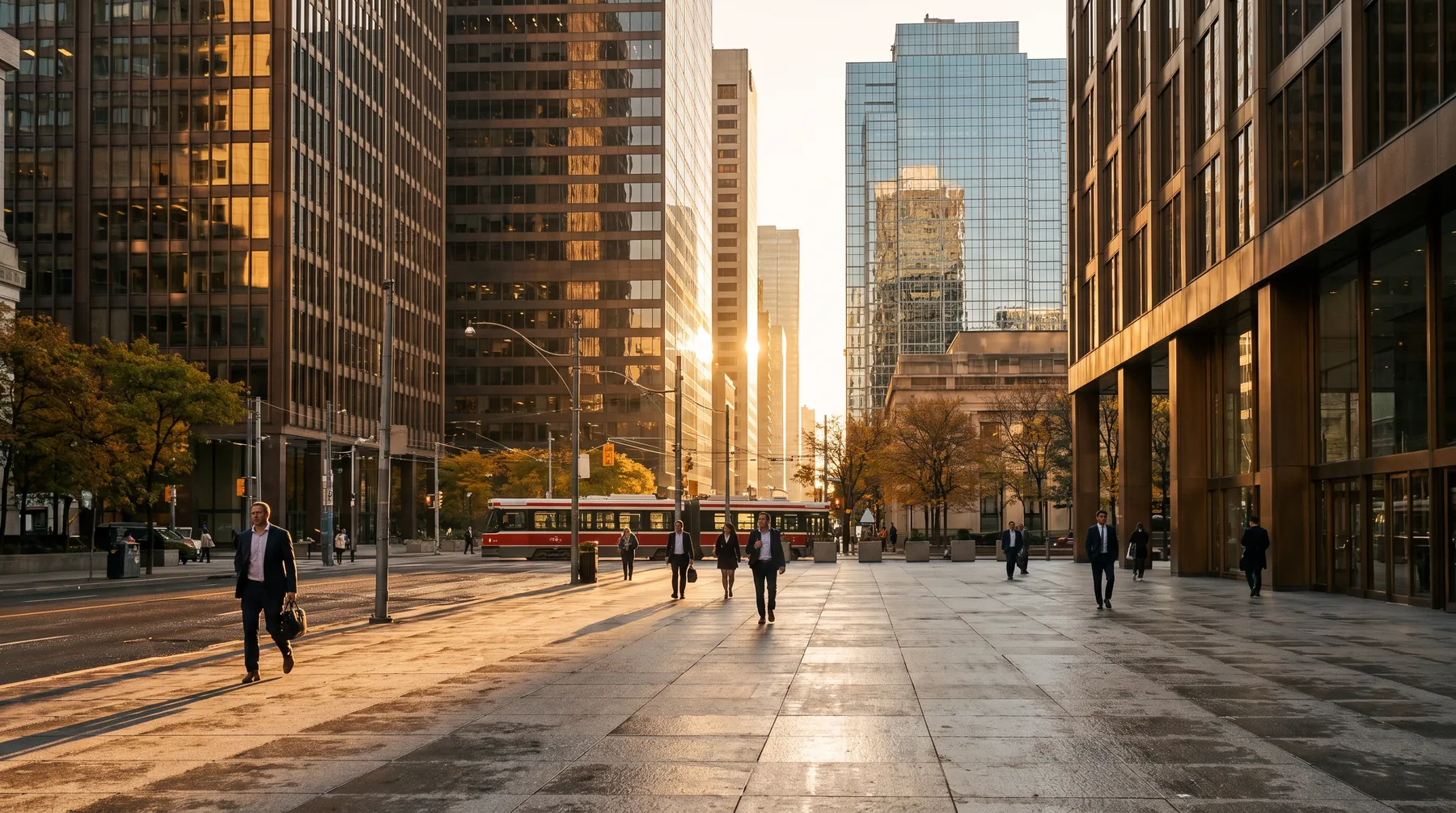 Commercial district with glass and bronze office towers at golden hour