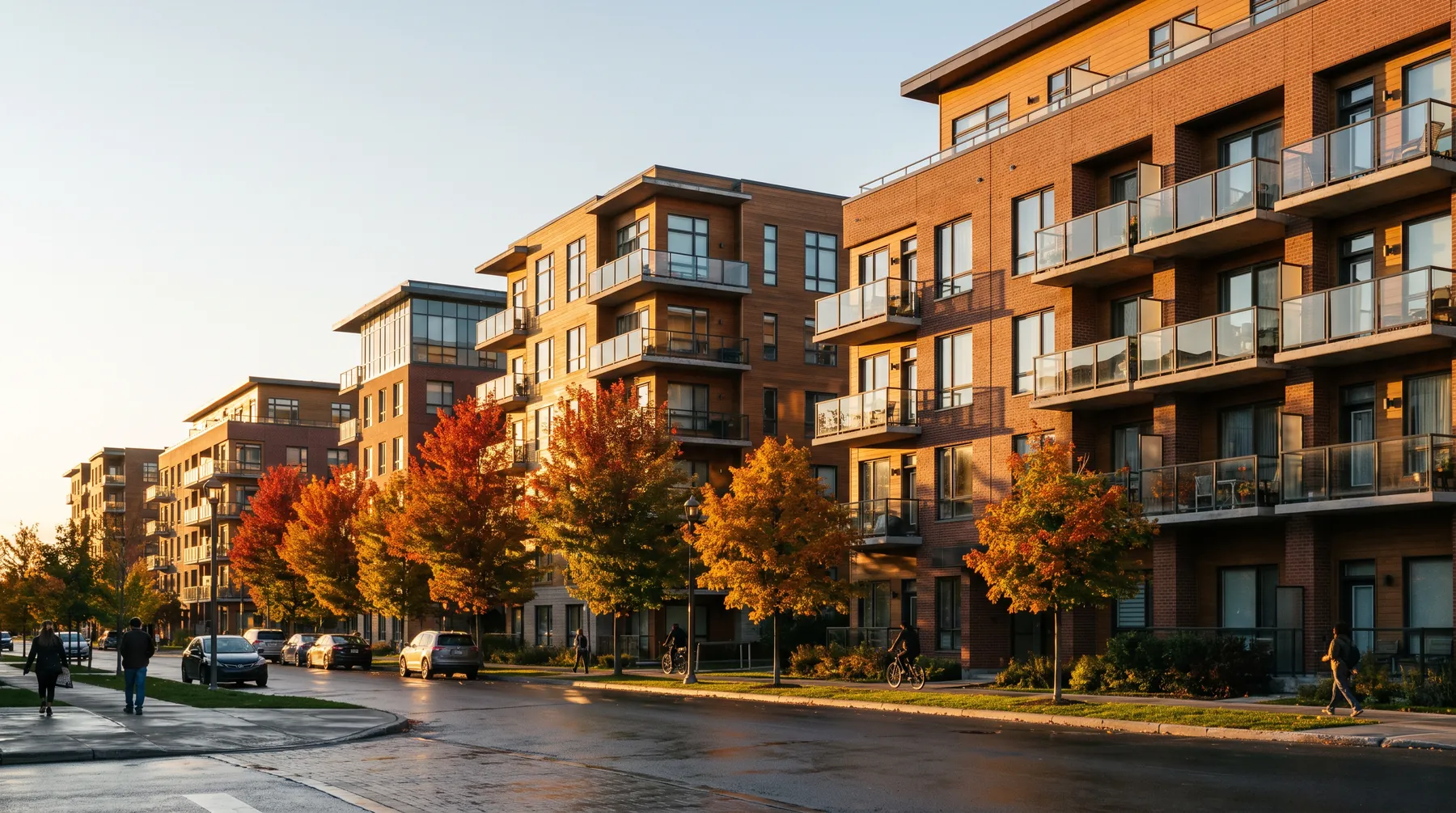 Residential neighbourhood with mid-rise apartment buildings at golden hour